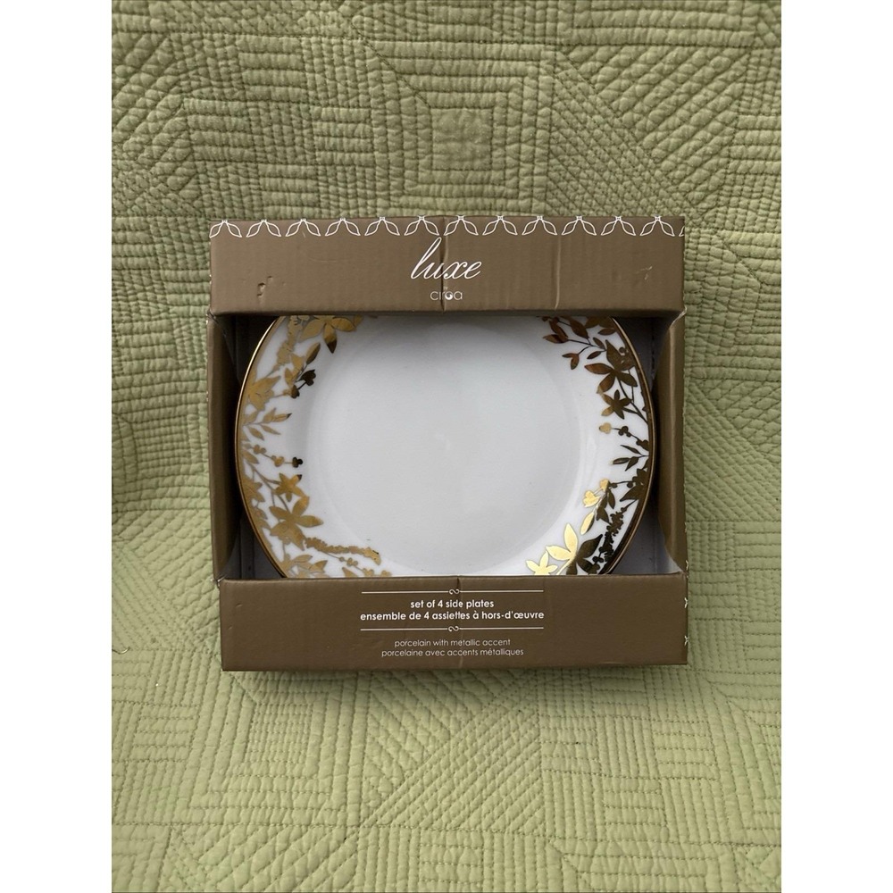 Ciroa Luxe Metallic Gold Floral Branch Dinner Plates 4 pc Set  Glitz Glam NEW